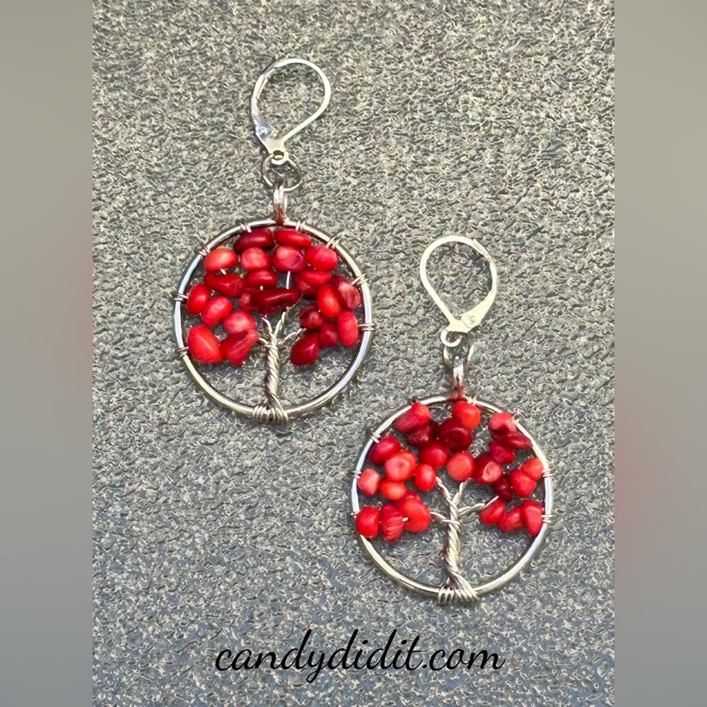NWT Candy Did It! Handmade Coral Tree Of Life Lever Back Dangle Earrings